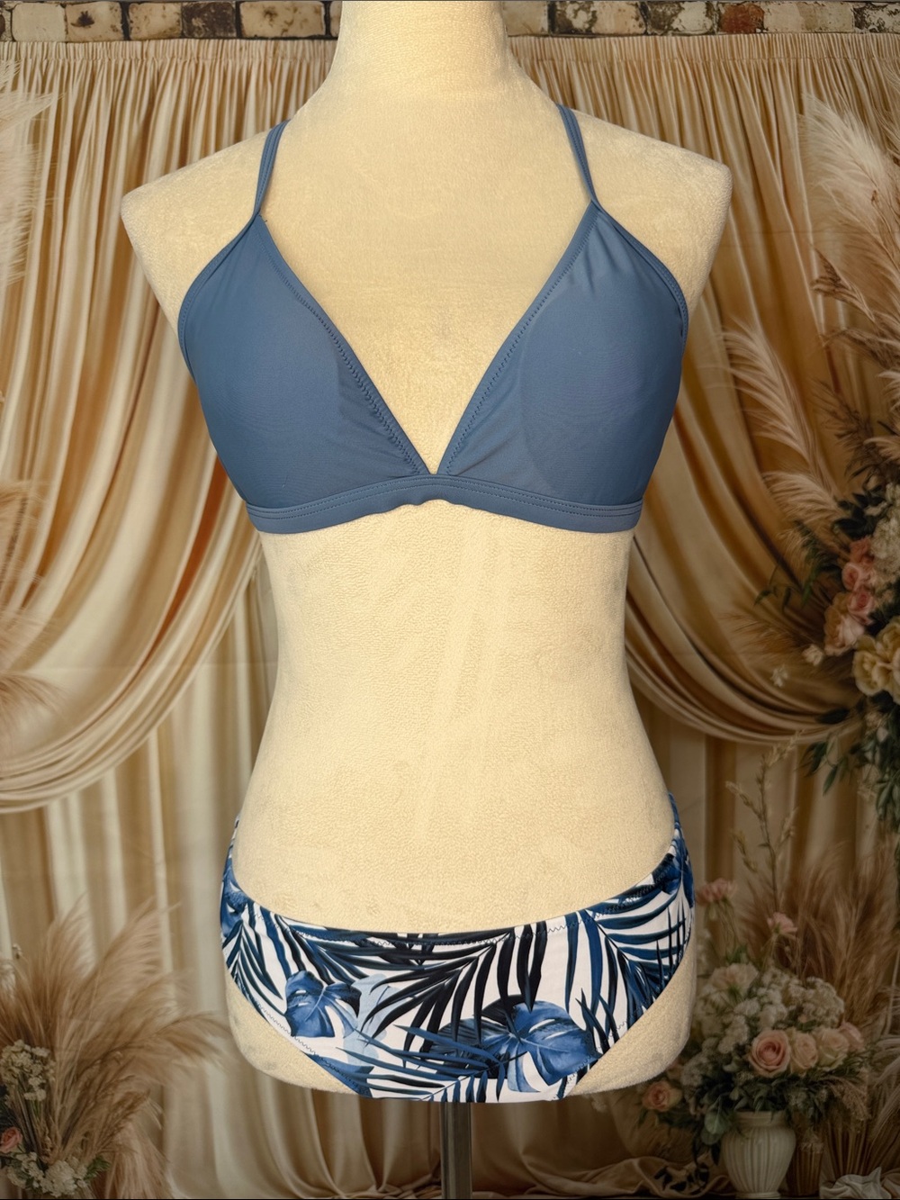 SHEIN Blue and White Tropical Stripe Bikini Set